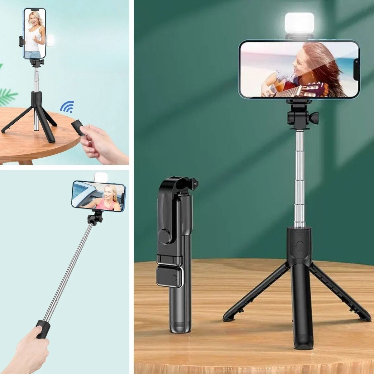 BUFFER® Kendiliðinden Iþýklý Masaüstü Tripod Olabilen Telefon Tutuculu Kablosuz Kumandalý Selfie Çubuðu