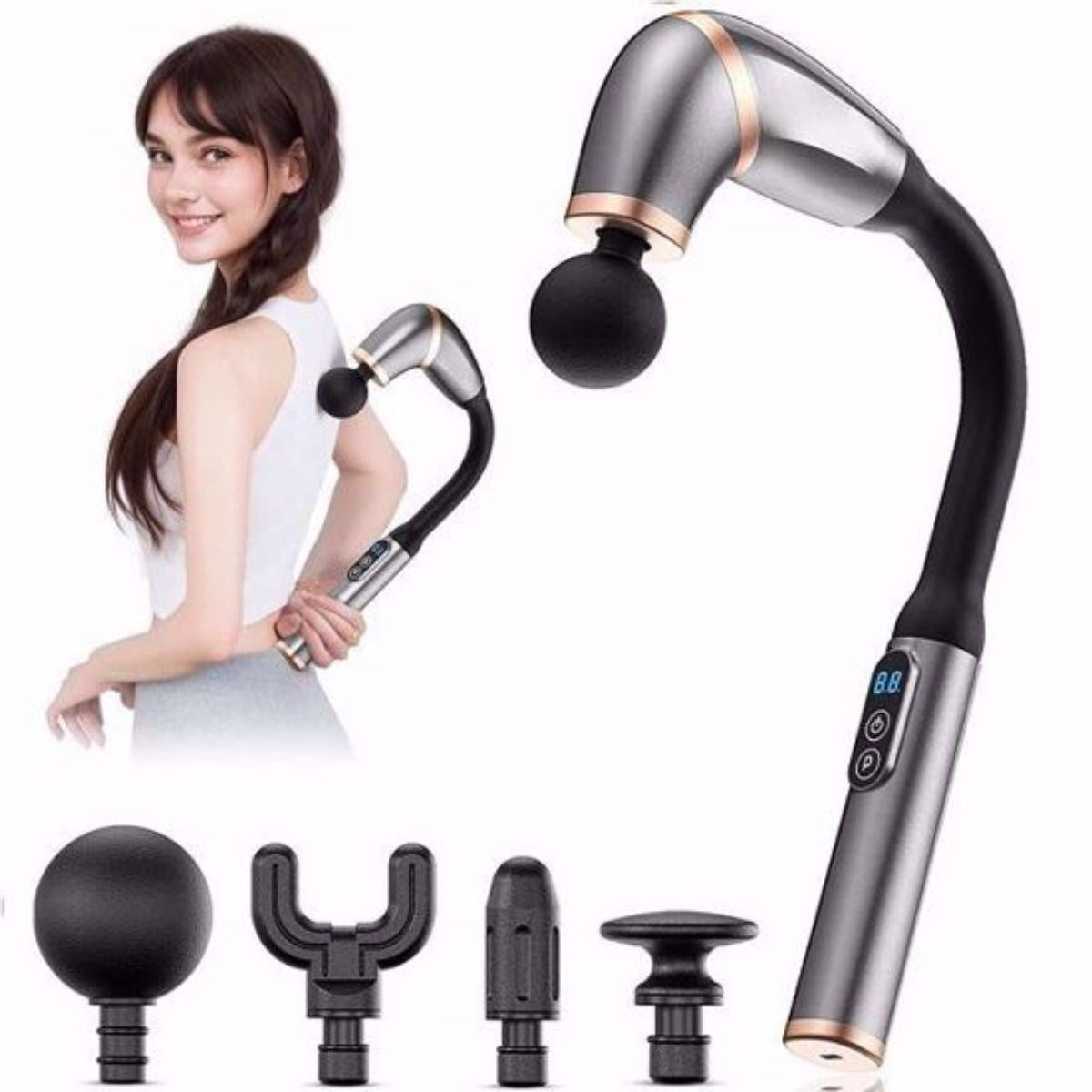 BUFFER® 4 Farklý Baþlýklý Uzun Saplý Derin Doku Masaj Tabancasý, Boyun, Omuz ve Sýrt için Ergonomik Saplý Çoklu Masaj Modlu Taþýnabilir Masaj Aleti