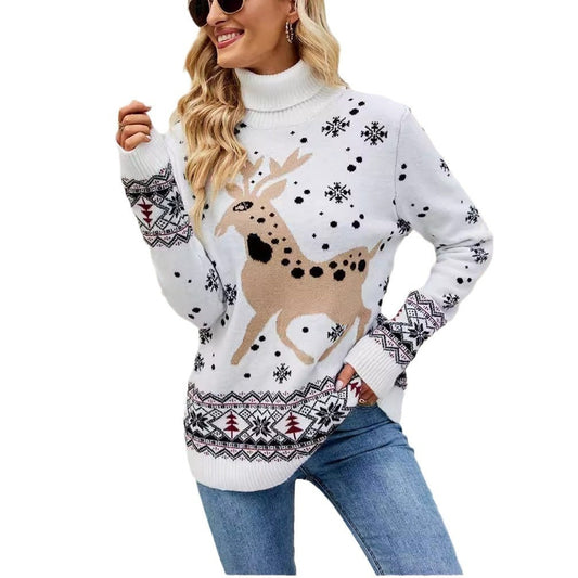 Damen Pullover mit hohem Kragen – Lockerer Langarm Schneeflocken-Strickpullover | Winter Sweater 2025