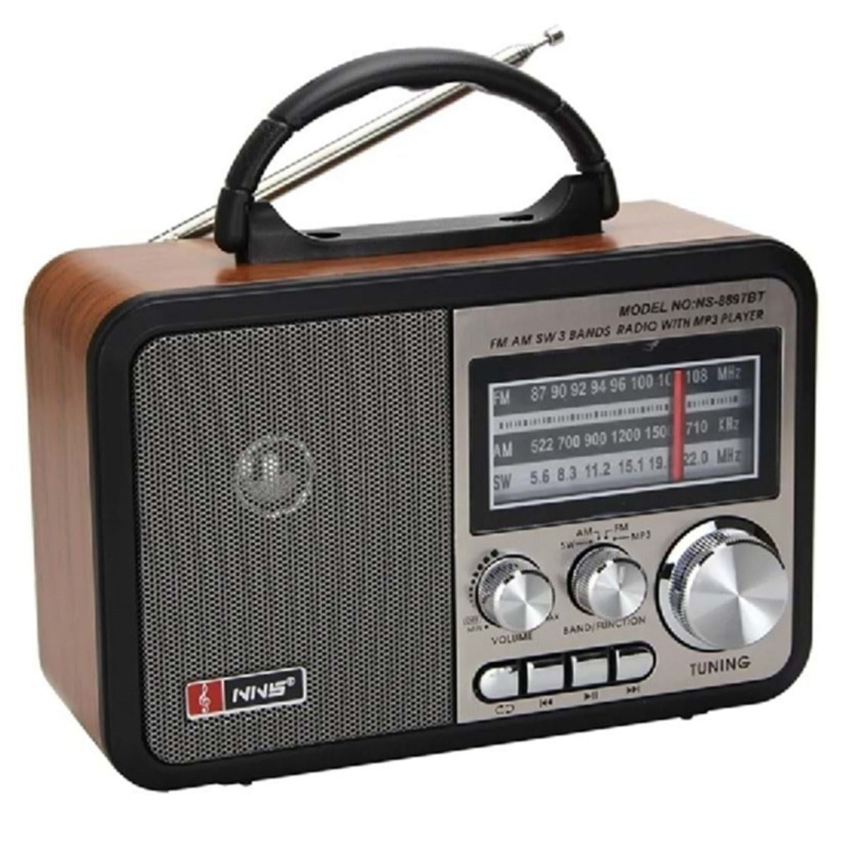 BUFFER® Orta Boy Retro, Nostaljik, Ahþap Tasarým Bluetooth Hoparlörlü, Þarjlý, Taþýnabilir FM/AM Destekli Radyo NS-8897