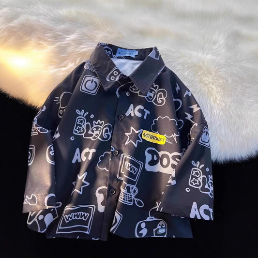 Damen Loose Fit Freizeit Hemd – Cartoon Graffiti Style