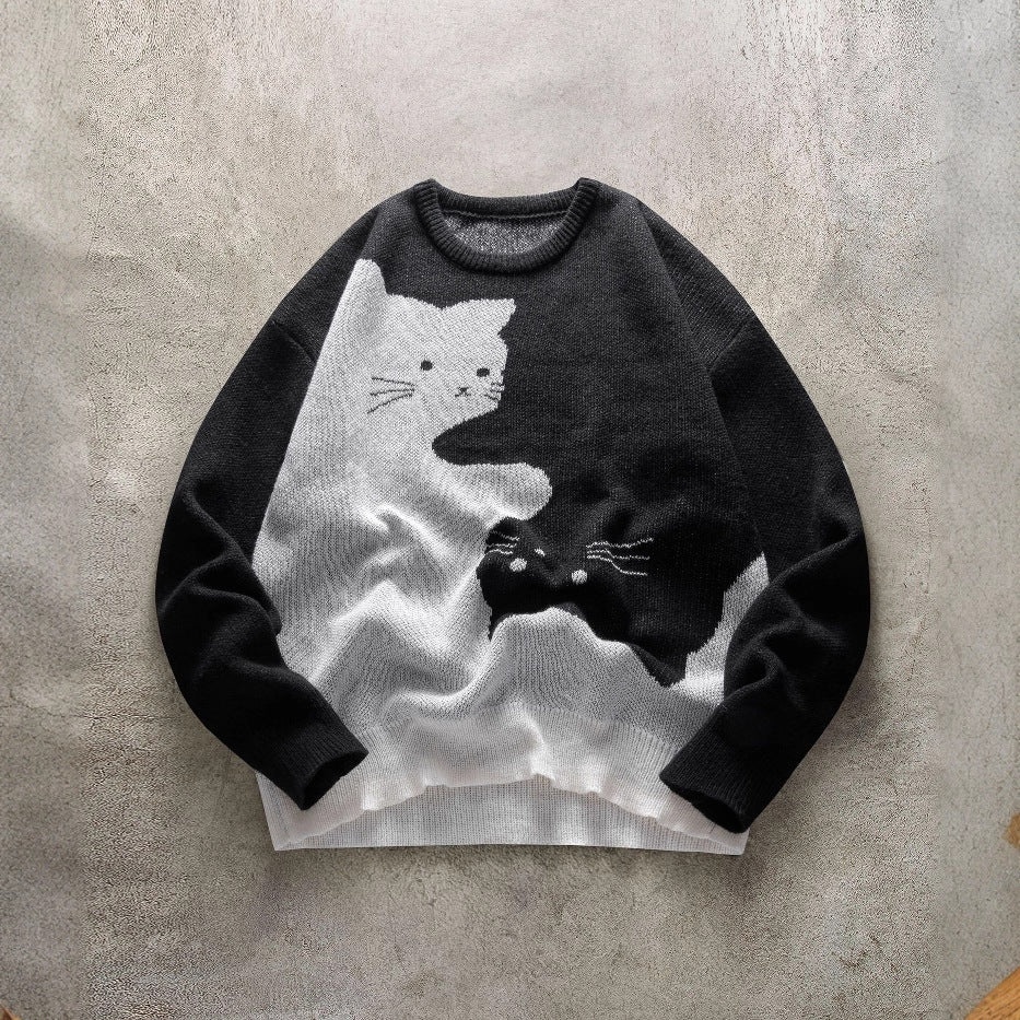 Herren Strickpullover mit Katzenmotiv – Rundhals Pullover | Lässiger Knit Sweater 2025