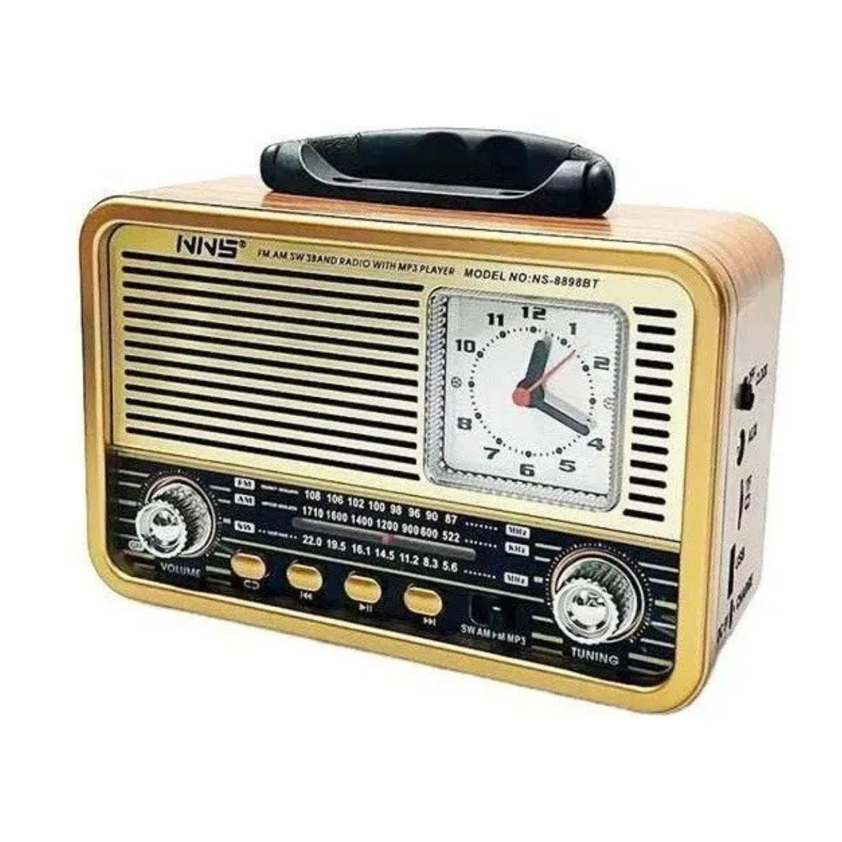 BUFFER® Orta Boy Saat Göstergeli Retro Ahþap Tasarým Bluetooth Hoparlörlü Radyo – FM/AM Destekli, Þarjlý ve Taþýnabilir Radyo NS-8898