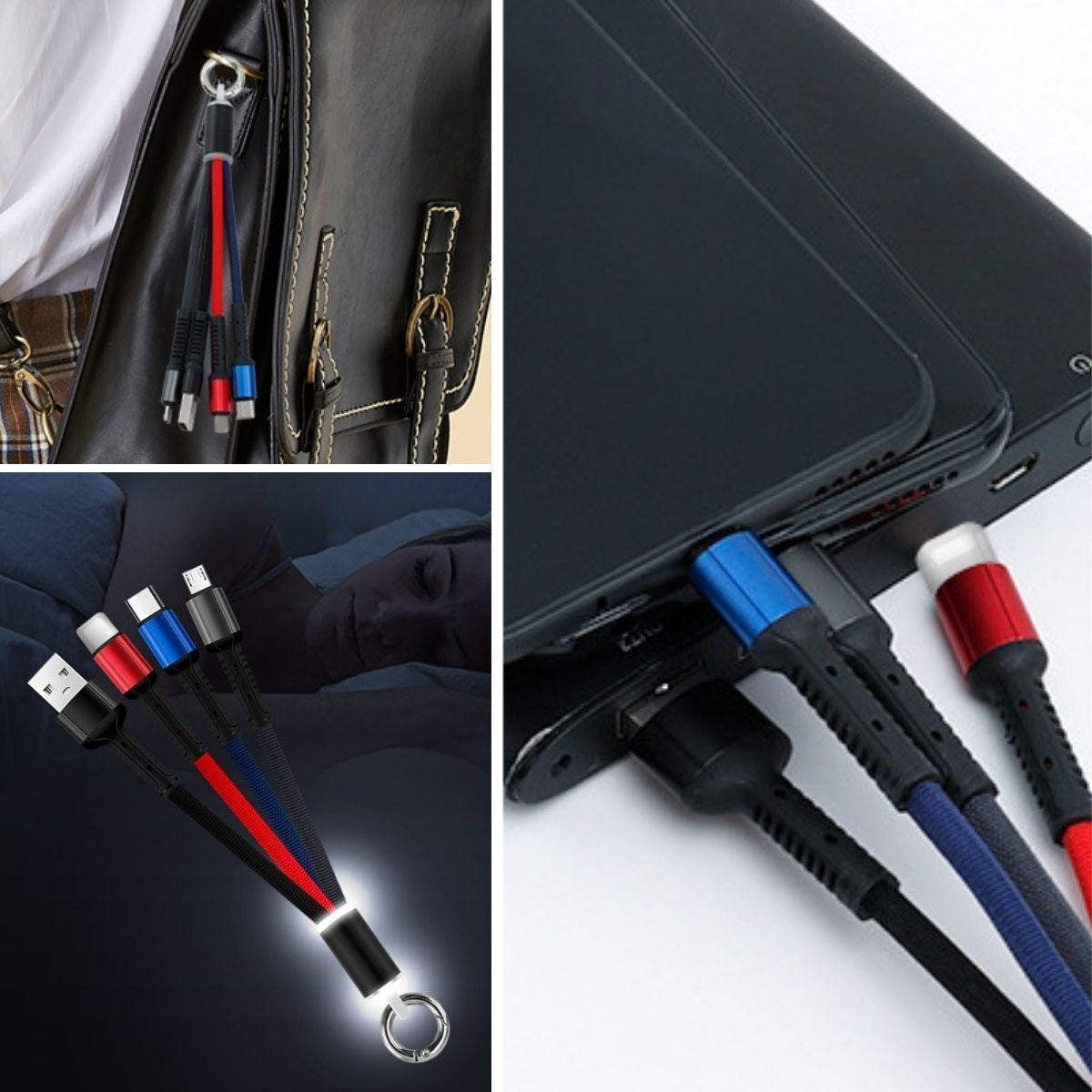 BUFFER® Iþýklý Anahtarlýk Model 3 in 1 USB Çýkýþlý MÝKRO,TYPE-C ve Ýphone Uyumlu Þarj Kablosu