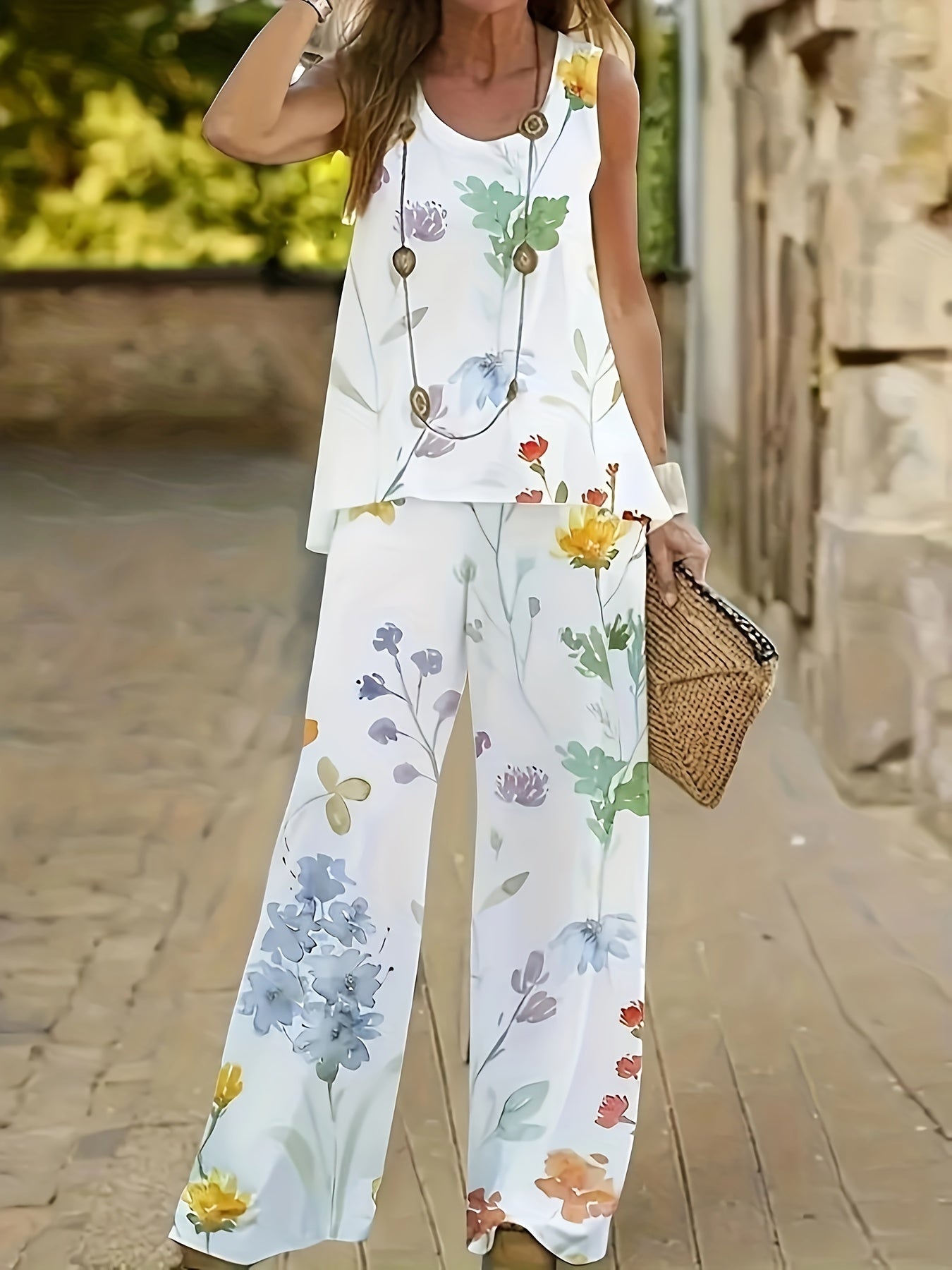 Elegantes Damen Zweiteiler Set – Blumenmuster Outfit mit Rundhals | Zweiteiliges Sommer Set 2025