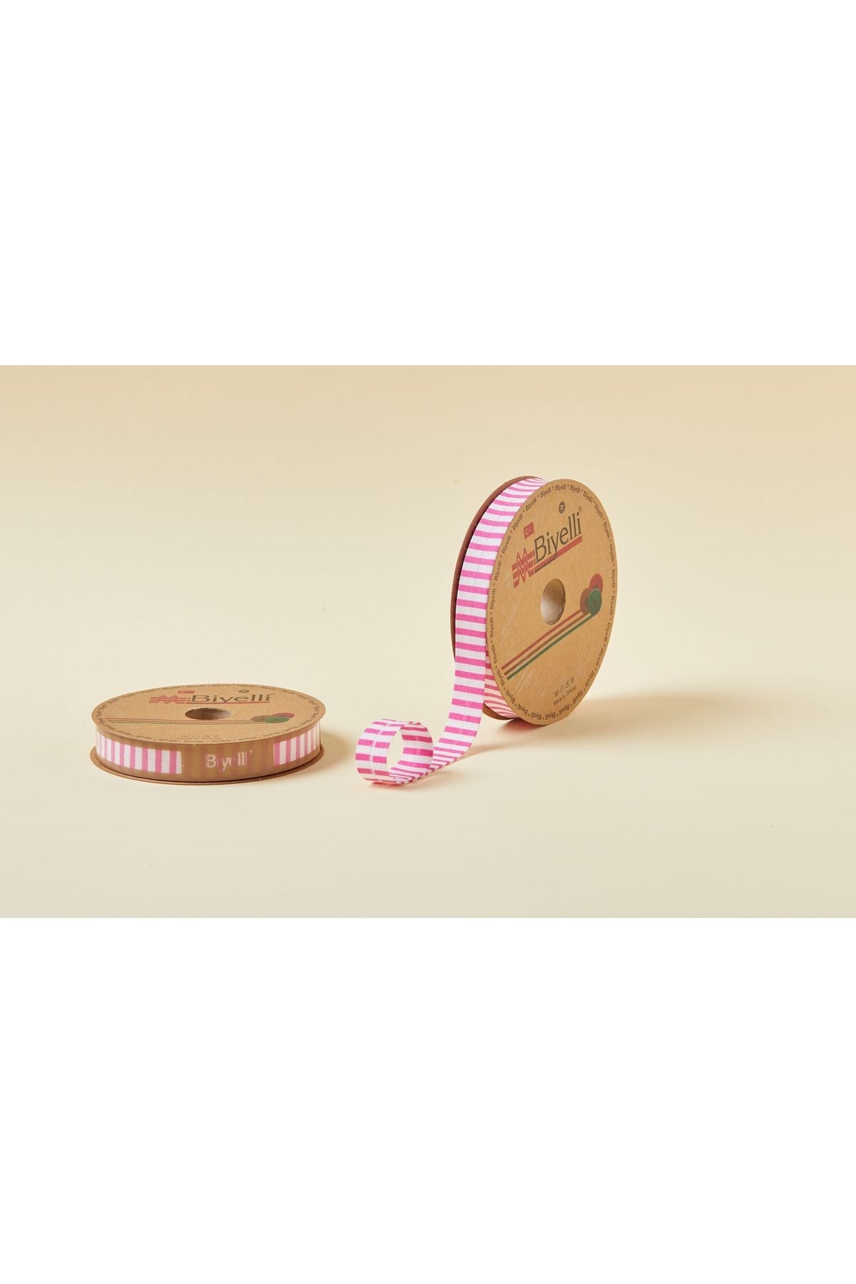 Biye Kalýn Çizgili Katlý F02 Pembe 2 cm 25 Metre %65 Koton %35 Polyester