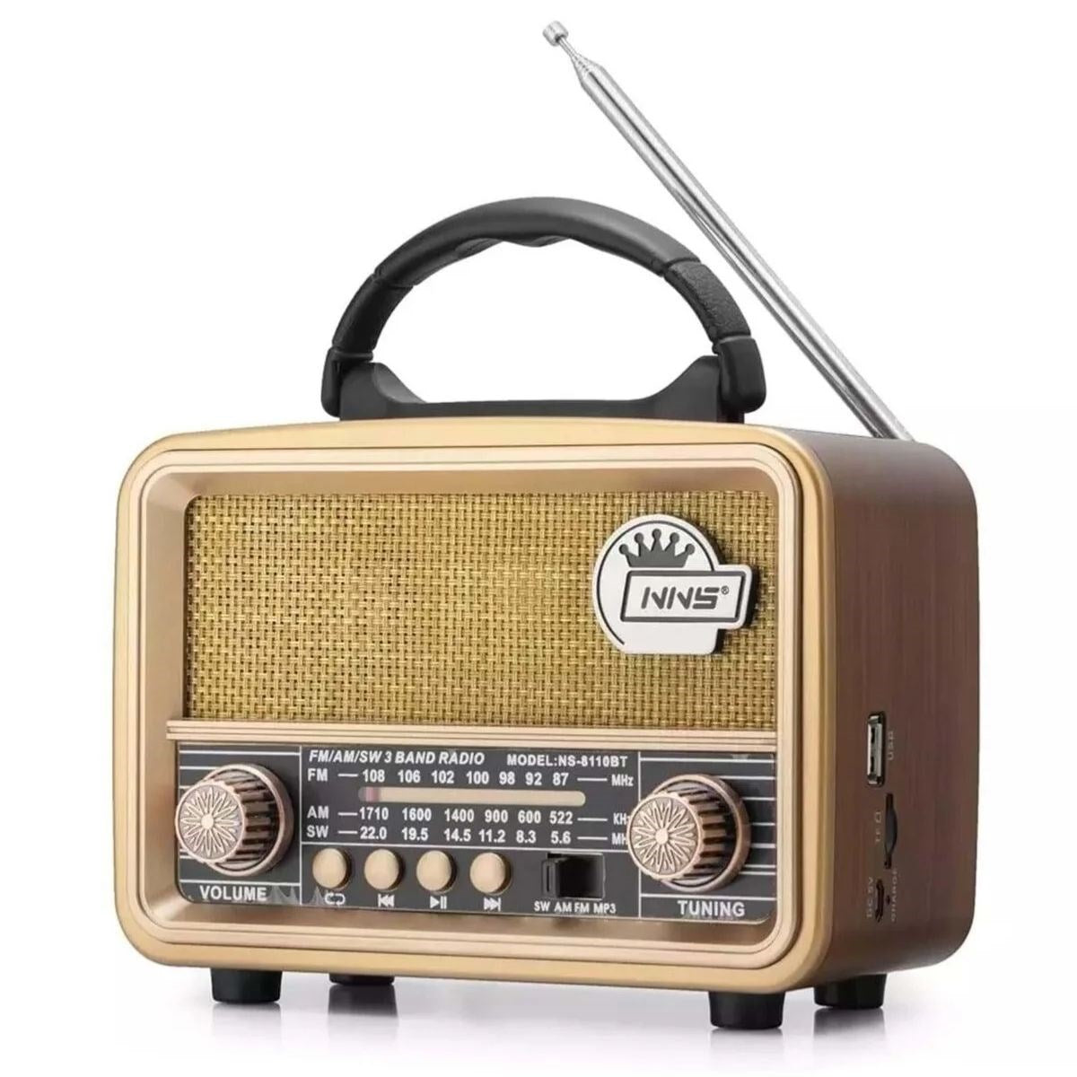 BUFFER® Orta Boy Retro, Nostaljik, Ahþap Tasarým Bluetooth Hoparlörlü, Þarjlý, Taþýnabilir FM/AM Destekli Radyo NS-8110