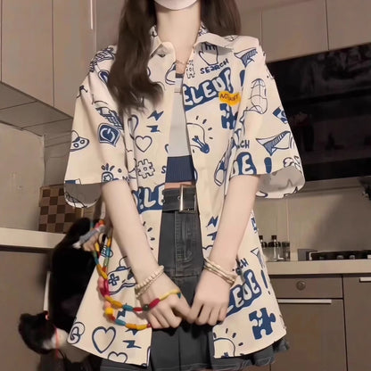 Damen Loose Fit Freizeit Hemd – Cartoon Graffiti Style