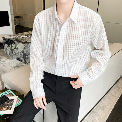 Locker Sitziertes Herren Hemd – Weißes Karo, Drapiert, Freizeit