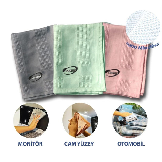 BUFFER® Ýz Býrakmayan Mikrofiber Temizlik Bezi 3'lü Set Cam ve Ayna Silme Toz Alma Temizlik Bezi