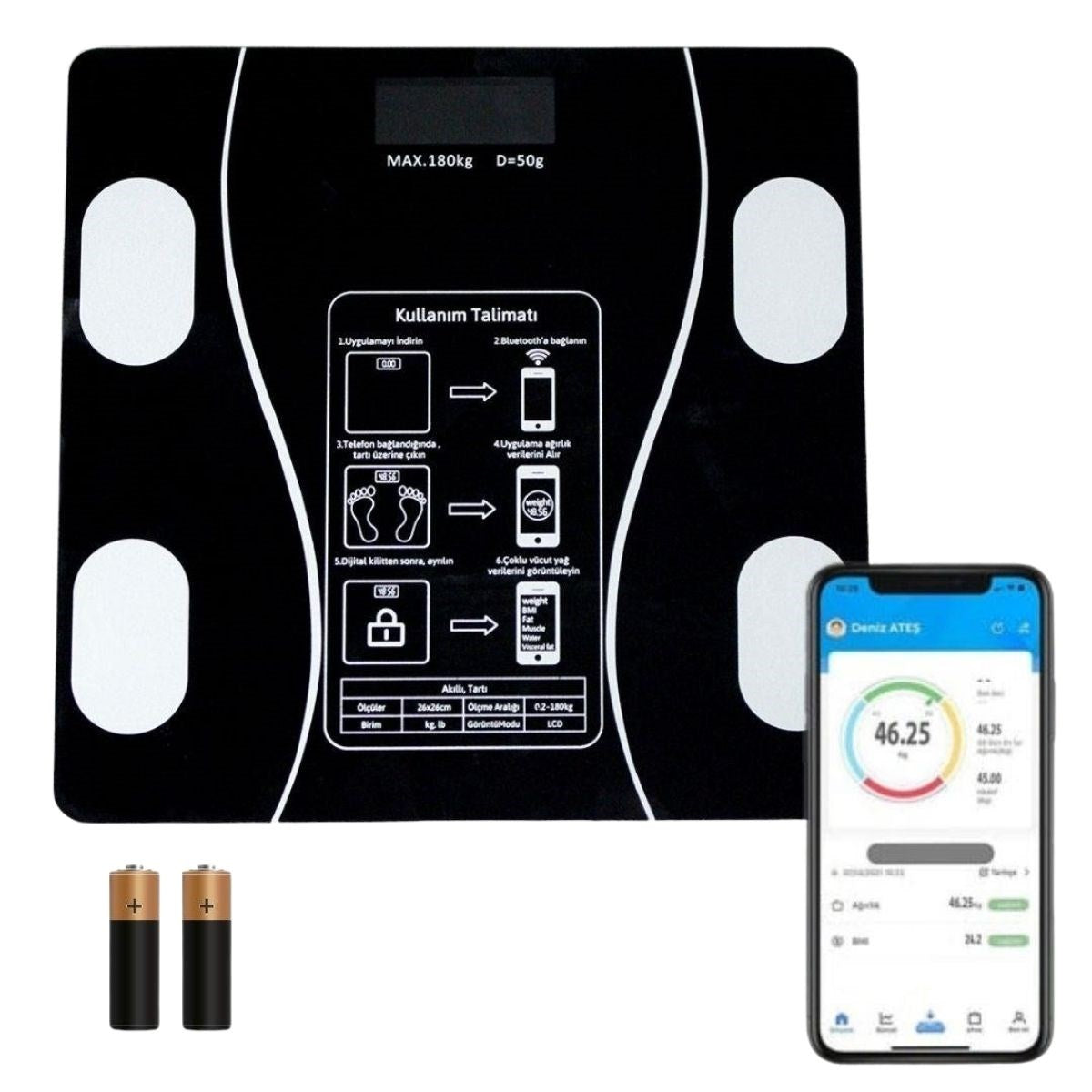 BUFFER® Dijital Baskül Yað Ölçer Fonksiyonlu Akýllý Baskül Bluetooth Baðlantýlý Tartý