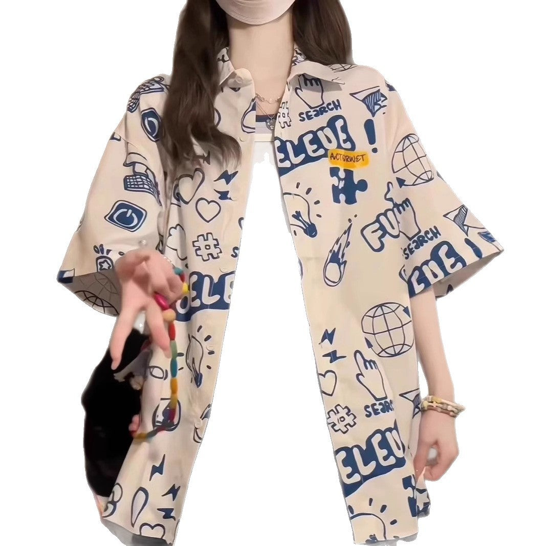 Damen Loose Fit Freizeit Hemd – Cartoon Graffiti Style