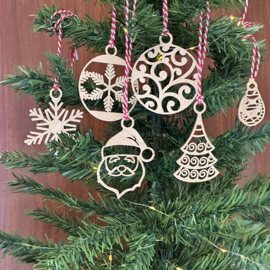 BUFFER® 6 Parça Kýrmýzý Beyaz Ýpli Noel Babalý ve Kar Tanesi Model Ahþap Yýlbaþý Aðaç Süsü