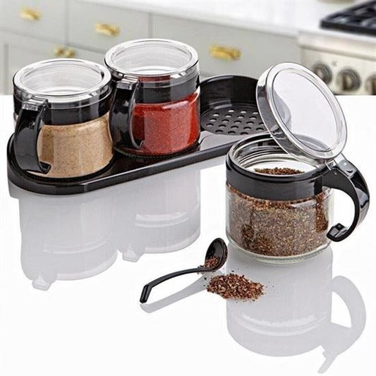 BUFFER® Siyah 3lü Standlý Kapaklý Kaþýklý Cam Hava Sýzdýrmaz Baharatlýk Takýmý KC-386