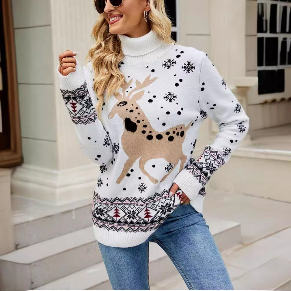 Damen Pullover mit hohem Kragen – Lockerer Langarm Schneeflocken-Strickpullover | Winter Sweater 2025