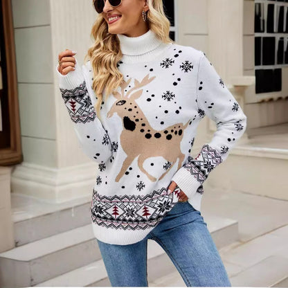 Damen Pullover mit hohem Kragen – Lockerer Langarm Schneeflocken-Strickpullover | Winter Sweater 2025