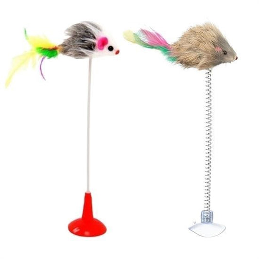 BUFFER® 2li Vantuzlu Fareli Tüylü Hareketli Çanlý ve Esneyen Eðlenceli Peluþ Kedi Oyuncaðý