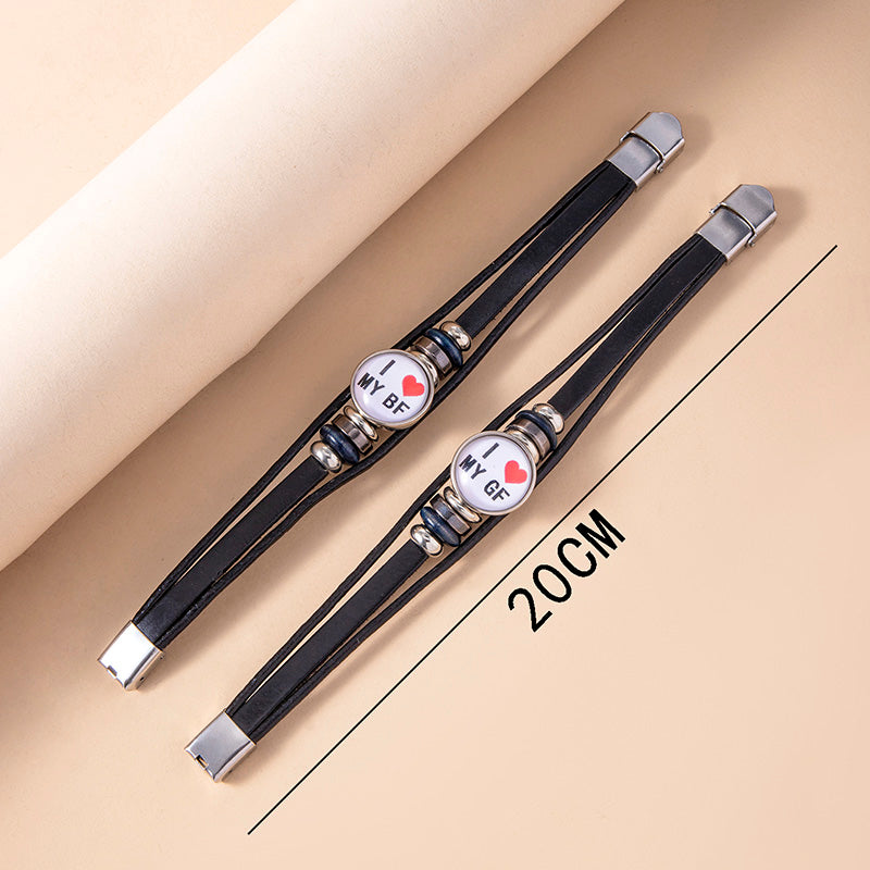 Leuchtendes Paar-Armband aus Leder – Rundes Glasdesign in Silber für Damen & Herren