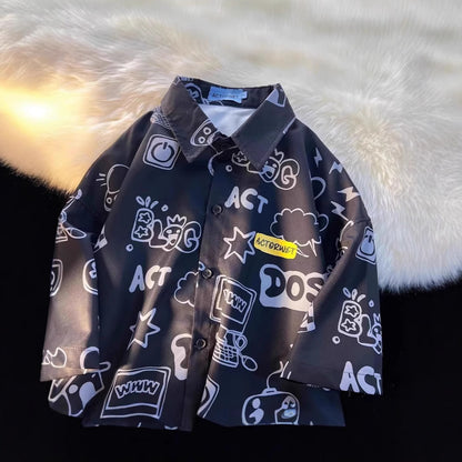 Damen Loose Fit Freizeit Hemd – Cartoon Graffiti Style