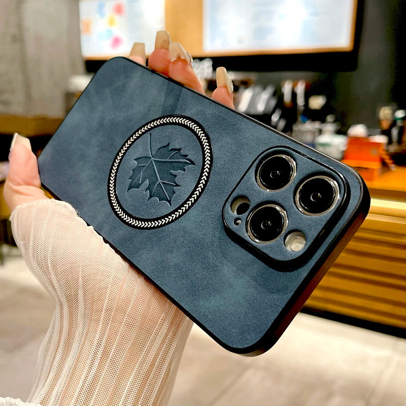 Retro Leder Maple Leaf Hülle – Stoßfeste Schutzhülle für iPhone 17/16/15/14/13/12/11 Pro Max | Magsafe-kompatibel