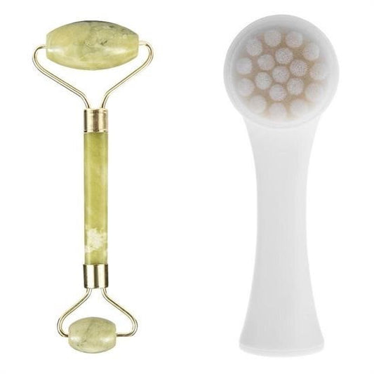 BUFFER® 2li Set Çift Taraflý Cilt Temizleme Fýrçasý ve Yeþim Taþý Çift Taraflý Cilt Masaj Aleti