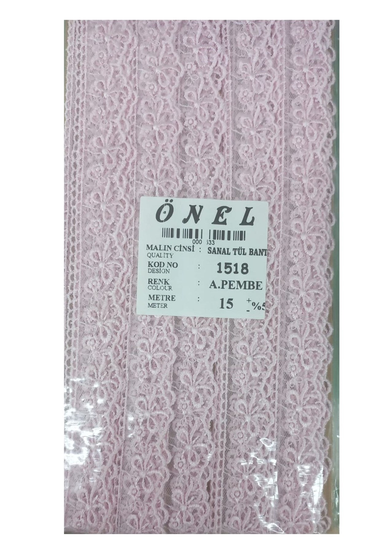 Dantel Polyester Sanal Tül Bant Açýk Pembe 15 Metre En 3 cm ON-1518-AP