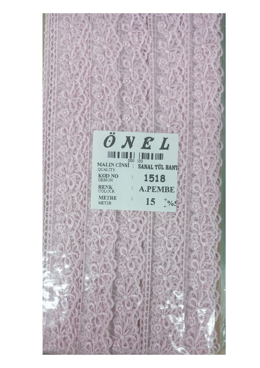 Dantel Polyester Sanal Tül Bant Açýk Pembe 15 Metre En 3 cm ON-1518-AP