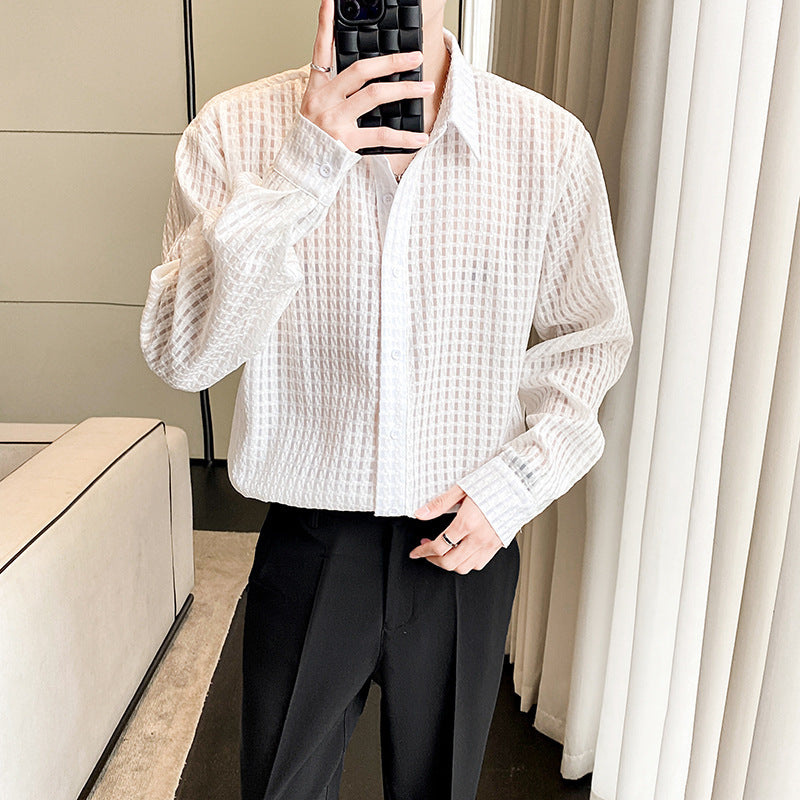 Locker Sitziertes Herren Hemd – Weißes Karo, Drapiert, Freizeit