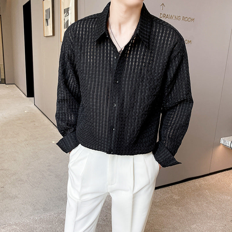 Locker Sitziertes Herren Hemd – Weißes Karo, Drapiert, Freizeit