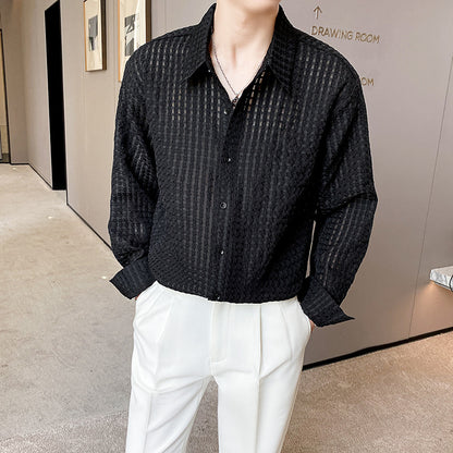 Locker Sitziertes Herren Hemd – Weißes Karo, Drapiert, Freizeit