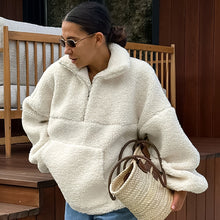 Women's Teddy Pullover in Beige – Oversized Fleece Hoodie with Zipper