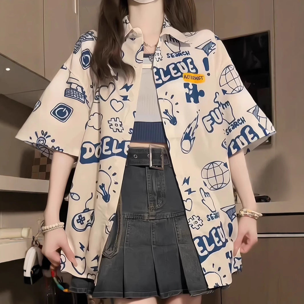 Damen Loose Fit Freizeit Hemd – Cartoon Graffiti Style